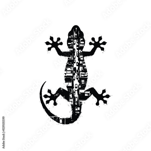 silhouette of Gecko, filled with ghetto street in rough drawing, animal,