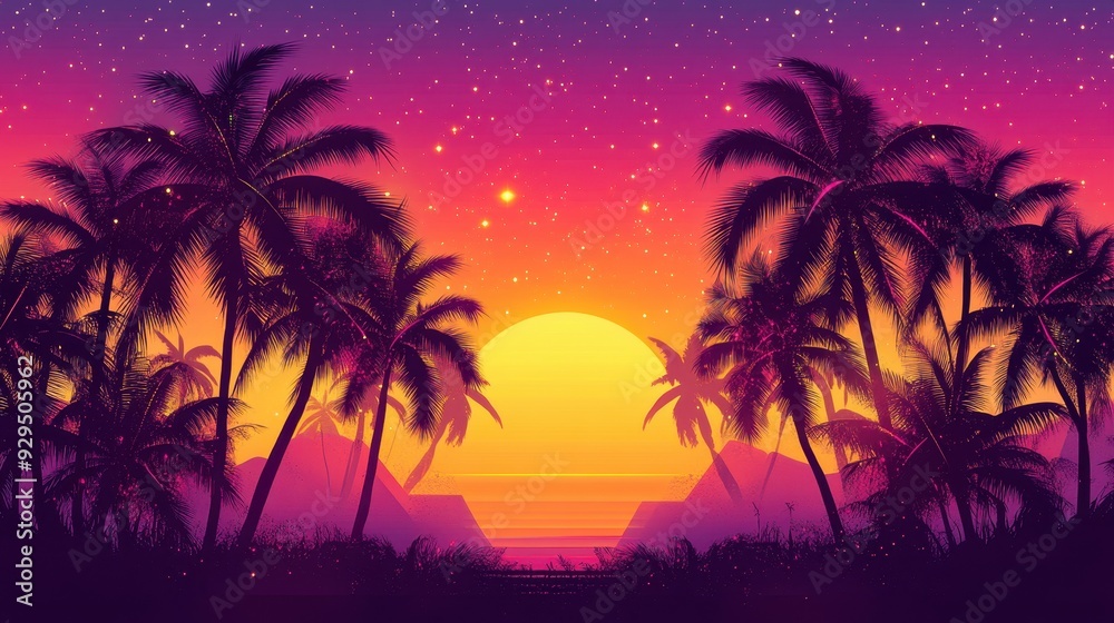A vibrant sunset over a tropical landscape with palm trees and mountains. A vibrant sunset over a tropical landscape with palm trees and mountains.