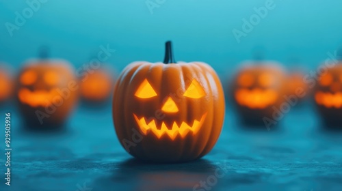 Carved pumpkins with glowing carved faces in the traditional jack o  lantern style for the Halloween holiday  Deep depth of field creates a moody atmospheric scene photo