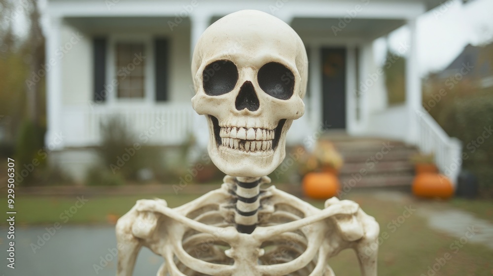 Eerie Skeleton and Cobwebs Adorning the Front Yard of a Home Creating a Spooky Atmosphere for a Neighborhood Halloween Display