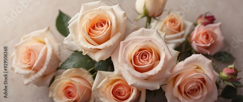 Close-up of a Bouquet of Delicate Peach Roses