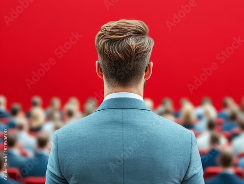 A businessman stands facing a large audience, ready to deliver a presentation or speech. The red background creates a dramatic and focused atmosphere.