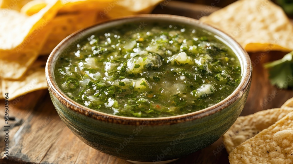 A bowl of salsa verde with tortilla chips on the side, with ample space for text or logos. A bowl of salsa verde with tortilla chips on the side, with ample space for text or logos.