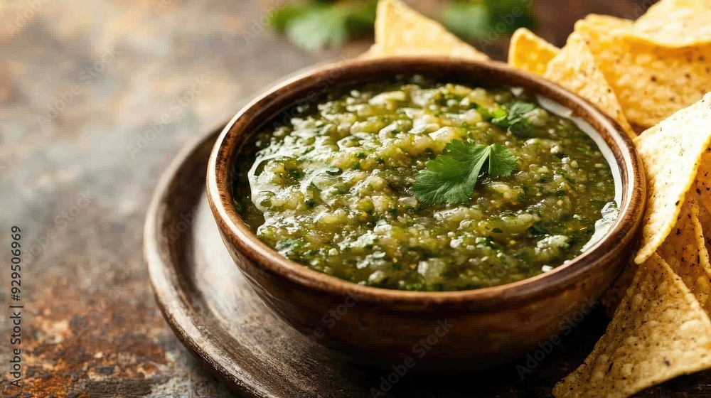 A bowl of salsa verde with tortilla chips on the side, with ample space for text or logos. A bowl of salsa verde with tortilla chips on the side, with ample space for text or logos.