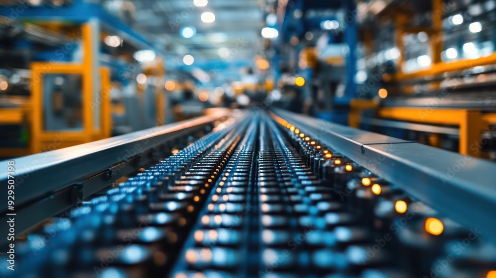 Close-up of a factory conveyor belt with moving parts, showcasing automated production lines. Close-up of a factory conveyor belt with moving parts, showcasing automated production lines.