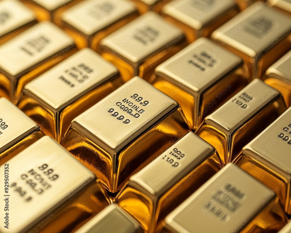 A close-up shot of a grid of gold bars, each labeled with A close-up shot of a grid of gold bars, each labeled with