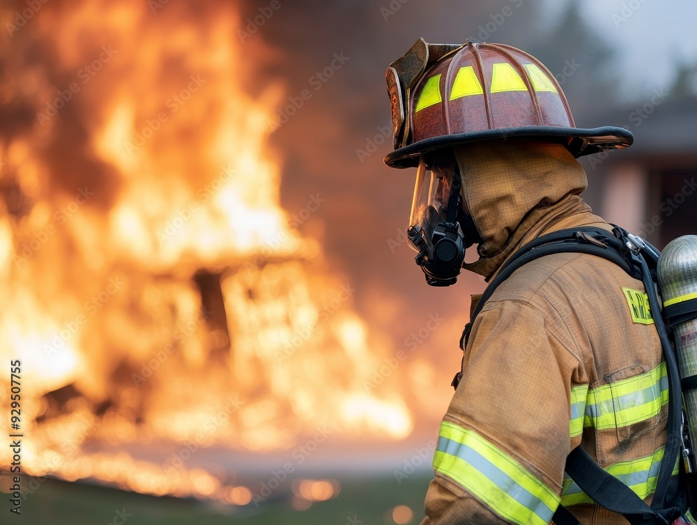 A firefighter in full gear stands in front of a blazing fire.  He is facing away from the camera and looking at the fire.