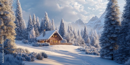 Enchanting Winter Wonderland with Snow-Covered Trees, a Cozy Cabin, and a Peaceful Atmosphere 