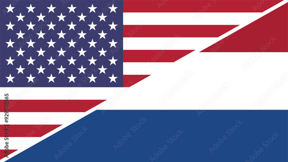 Netherlands and United States flags combined in a split design vector, symbolizing international relations, global unity, and cultural exchange Netherlands and United States flags combined in a split design vector, symbolizing international relations, global unity, and cultural exchange