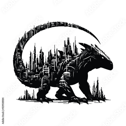 silhouette of Komodo, filled with destroyed futuristic dystopia environment in rough drawing, animal,