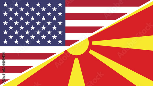 North Macedonia and United States flags combined in a split design vector, symbolizing international relations, global unity, and cultural exchange