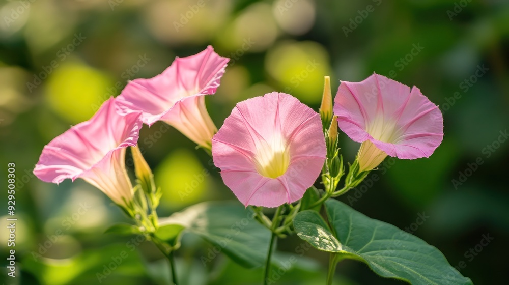 Fototapeta premium Delicate Pink Morning Glory Blooms in Sunlight
