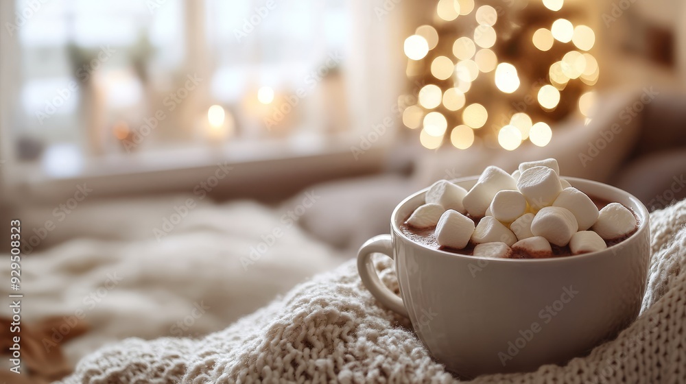 Hot cocoa with marshmallows in cozy interior Hot cocoa with marshmallows in cozy interior