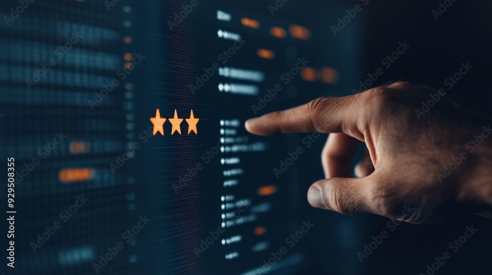 A hand points at a three-star rating on a computer screen, highlighting customer feedback and online reviews. A hand points at a three-star rating on a computer screen, highlighting customer feedback and online reviews.