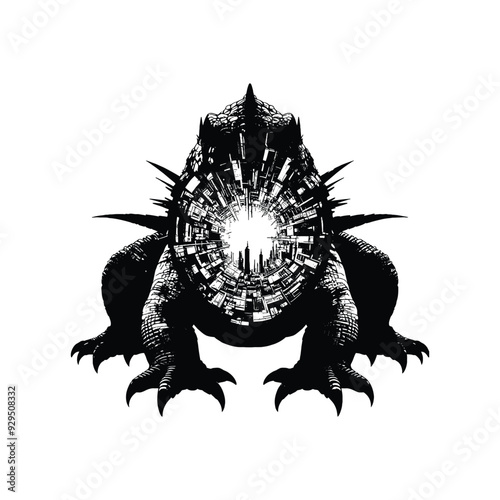 silhouette of Komodo, filled with destroyed futuristic dystopia environment in rough drawing, animal,