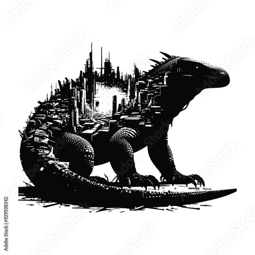 silhouette of Komodo, filled with destroyed futuristic dystopia environment in rough drawing, animal,