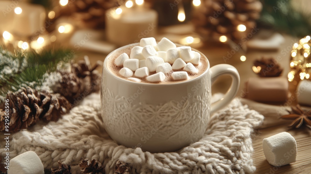 Hot cocoa with marshmallows in cozy interior Hot cocoa with marshmallows in cozy interior