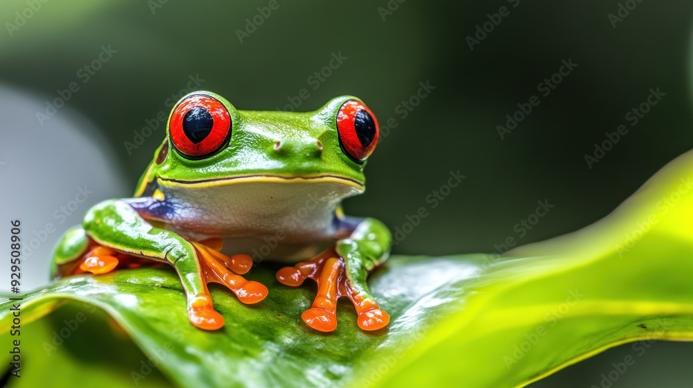 Fototapeta premium Red-Eyed Tree Frog Perched on a Green Leaf