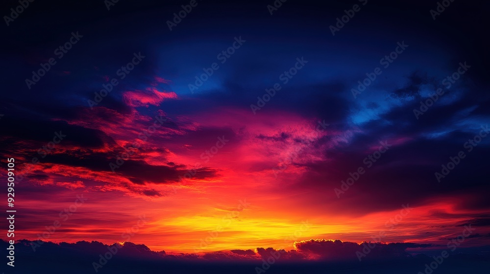 Fototapeta premium A vibrant sunset with a blend of red, orange, and blue hues illuminating the sky.