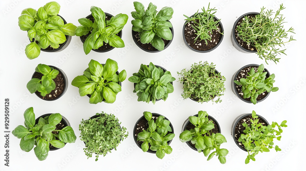 herbs in pots on white background herbs in pots on white background