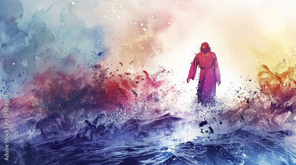Jesus walking on water depicted in dynamic watercolor splashes Jesus walking on water depicted in dynamic watercolor splashes