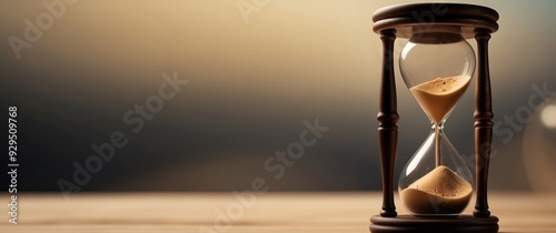 Wooden Hourglass with Sand Dripping on a Table