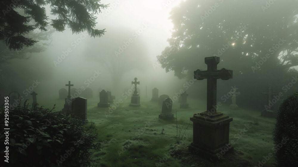 Sinister fog creeping through a cemetery Sinister fog creeping through a cemetery