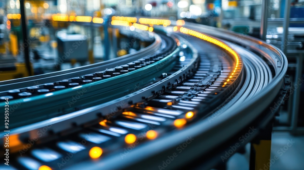 Detailed view of a conveyor system on an assembly line, moving parts through various manufacturing stages. Detailed view of a conveyor system on an assembly line, moving parts through various manufacturing stages.