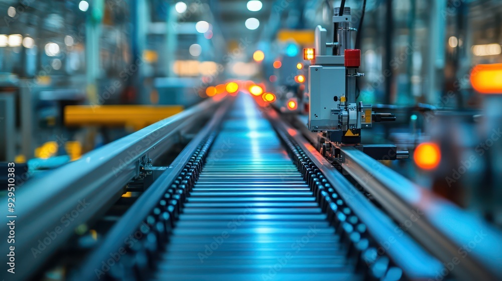 Detailed view of a conveyor system on an assembly line, moving parts through various manufacturing stages. Detailed view of a conveyor system on an assembly line, moving parts through various manufacturing stages.