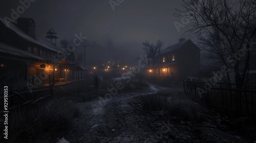 Spooky ghost town with eerie lights