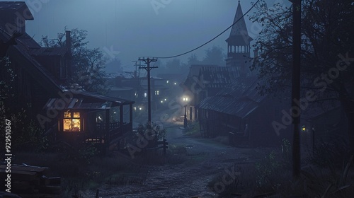 Spooky ghost town with eerie lights
