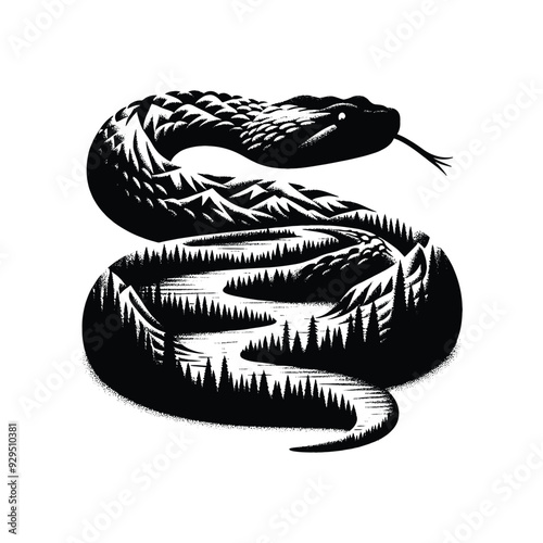 silhouette of Rattlesnake, filled with river view in rough drawing, animal,