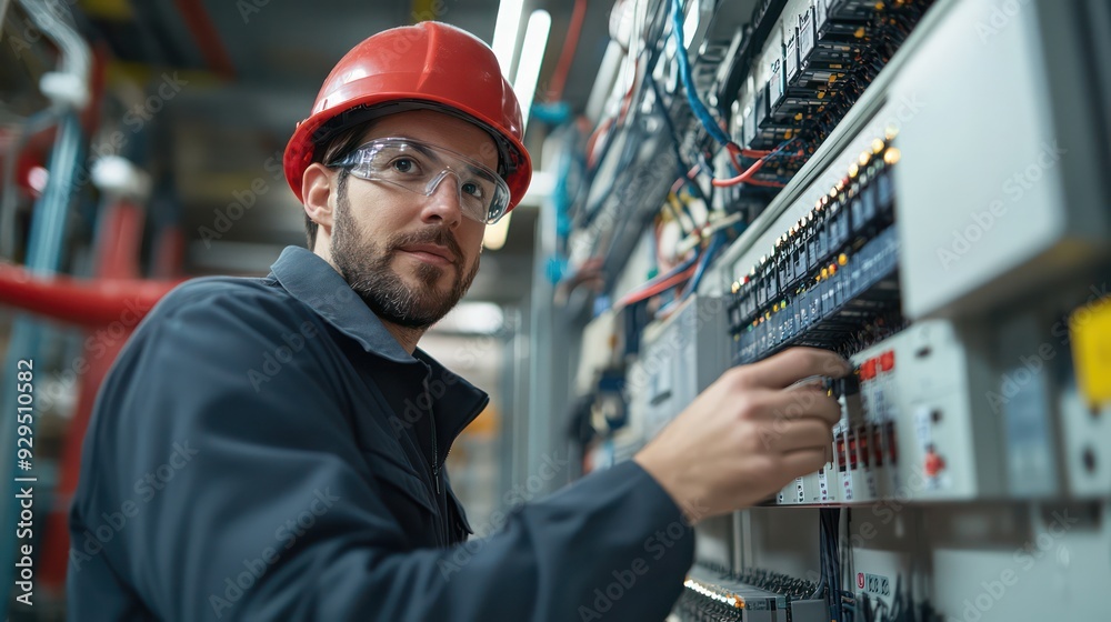 Electrical engineer wiring a control panel, emphasizing precision and expertise in electrical systems. Electrical engineer wiring a control panel, emphasizing precision and expertise in electrical systems.