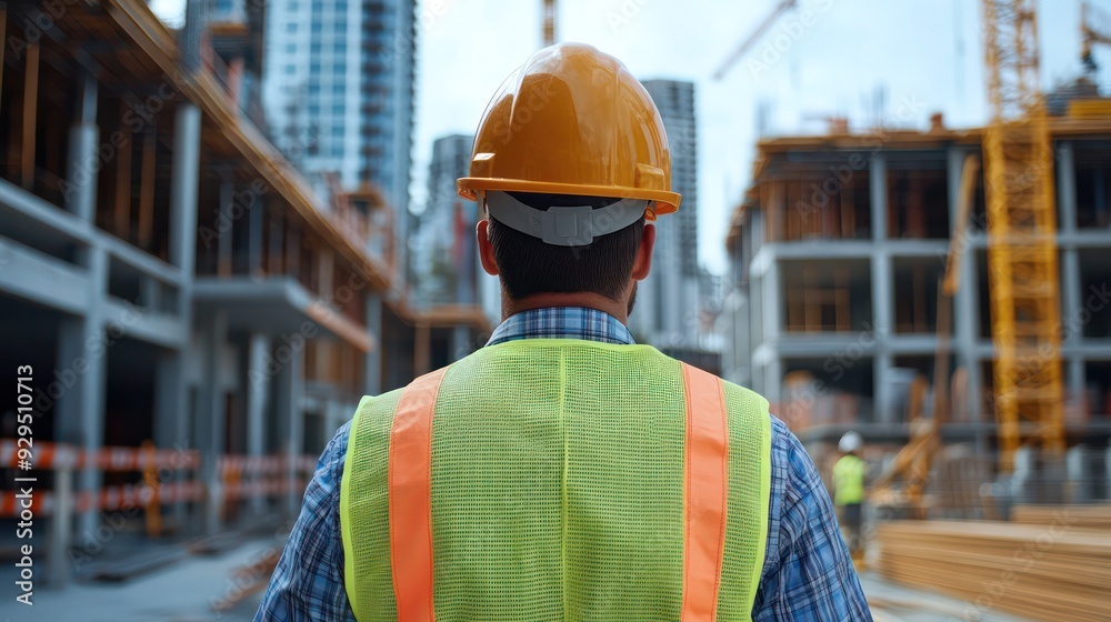 A Engineer in a hard hat and safety vest surveying a construction site, emphasizing oversight and planning in engineering projects. A Engineer in a hard hat and safety vest surveying a construction site, emphasizing oversight and planning in engineering projects.