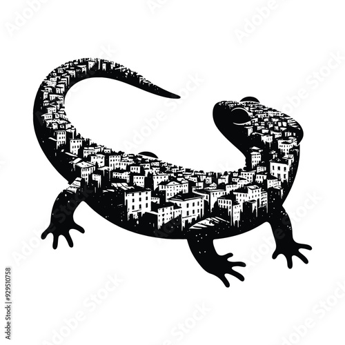 silhouette of salamander, filled with ghetto street in rough drawing, animal,