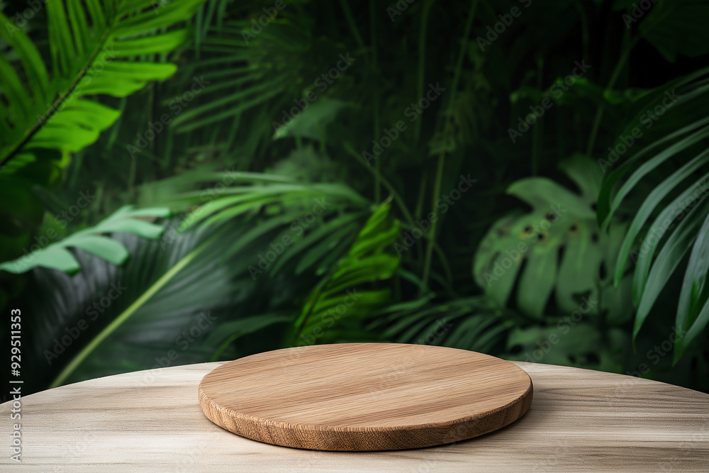 Empty Wooden Platform Against a Lush Green Jungle Background Perfect for Product Display