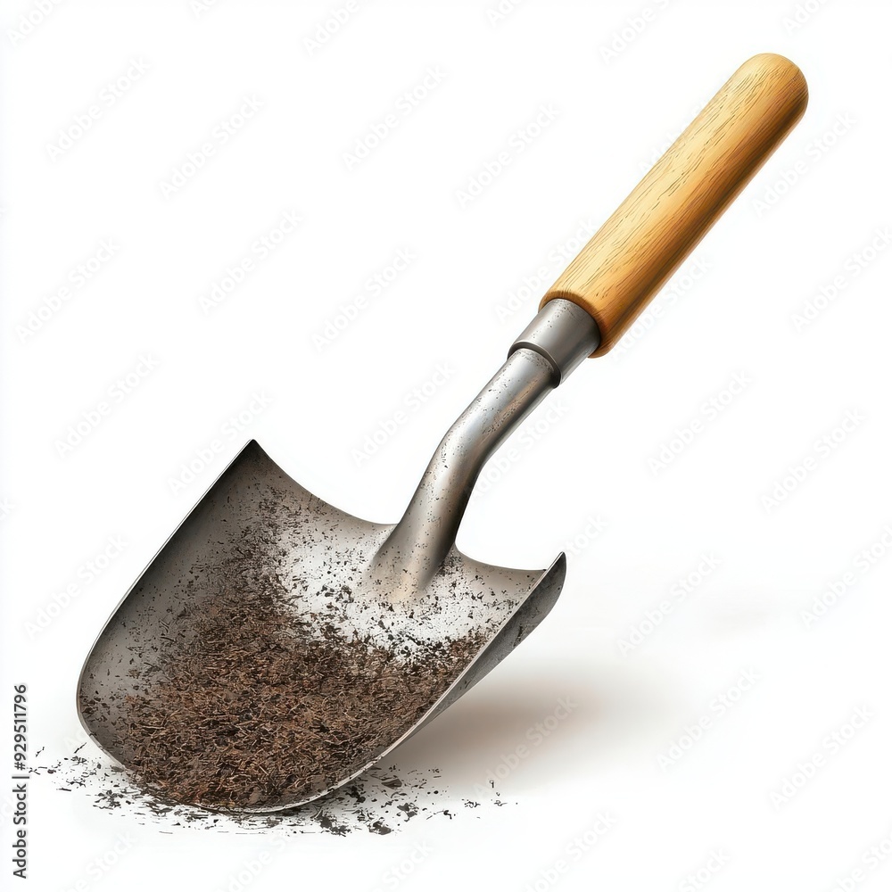 A close-up of a metal garden shovel with a wooden handle, filled with soil, perfect for gardening and landscaping projects. isolated on white background A close-up of a metal garden shovel with a wooden handle, filled with soil, perfect for gardening and landscaping projects. isolated on white background