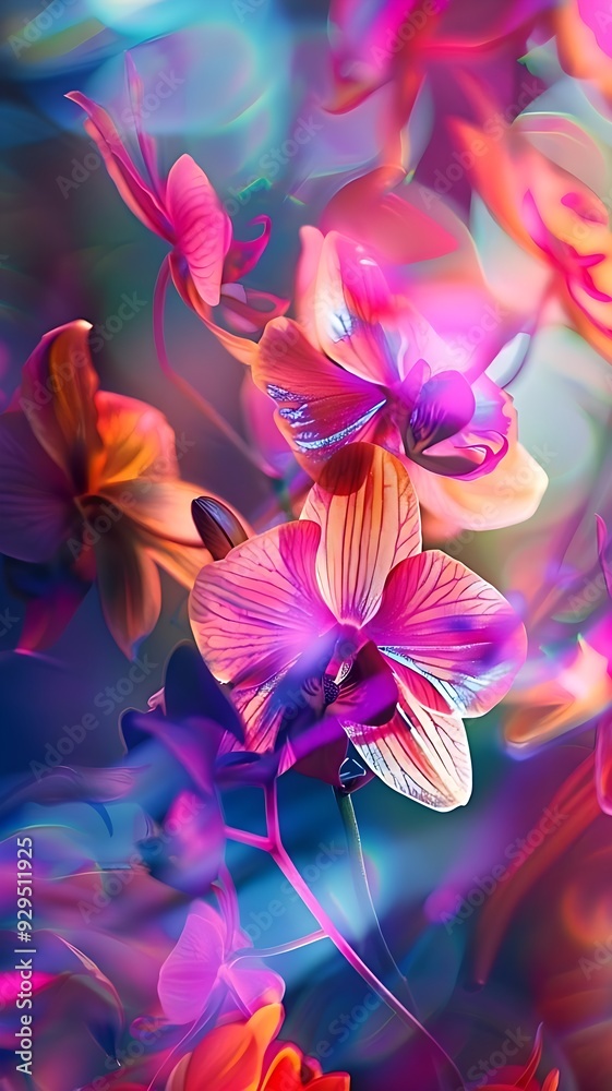 Vibrant Pink and Orange Orchids in Dreamy Atmosphere Vibrant Pink and Orange Orchids in Dreamy Atmosphere