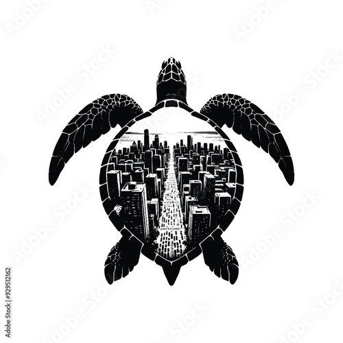 silhouette of sea turtle, filled with ghetto street in rough drawing, animal,