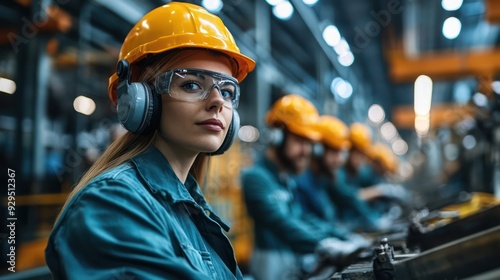 Factory workers operating heavy machinery, highlighting the human element in industrial production.