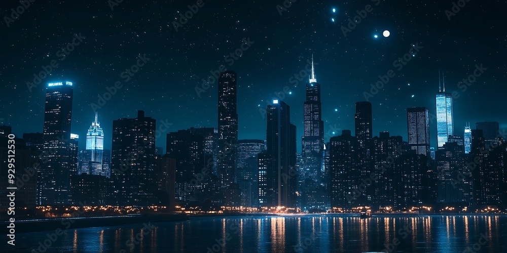 city skyline, Stunning City Skyline at Night with Illuminated Buildings ...