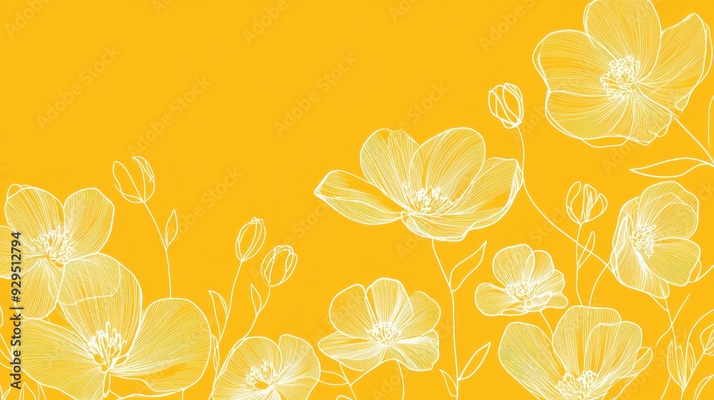 A vibrant yellow background adorned with delicate white line-drawn flowers. A vibrant yellow background adorned with delicate white line-drawn flowers.