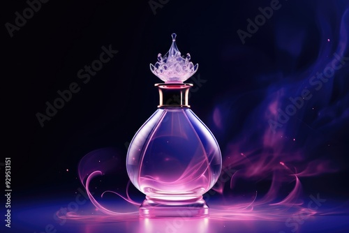 Pink transparent glass perfume bottle or toilet water on purple background with copy space. Empty container for branding and label mockup. Eau de toilette. Perfumery and beauty product concept 