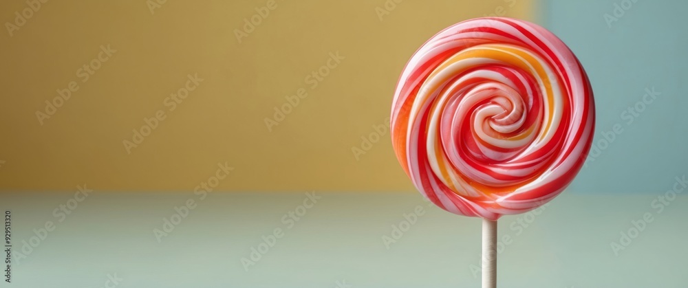 Swirled Red and White Lollipop on a Stick Against a Multicolored Background Swirled Red and White Lollipop on a Stick Against a Multicolored Background