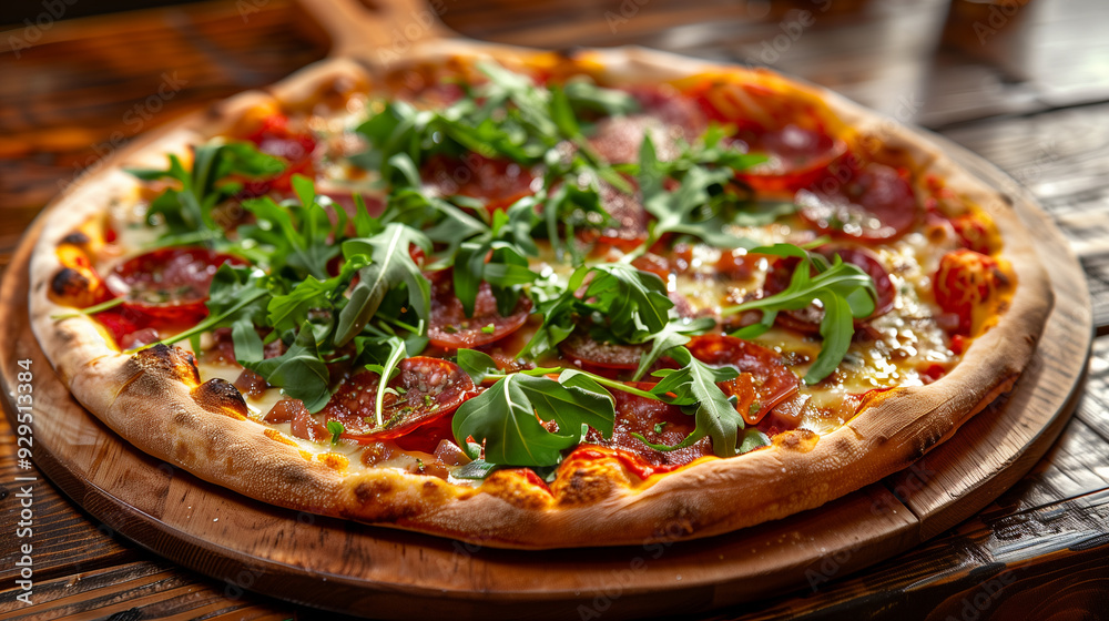 Freshly Baked Italian Pizza with Toppings of Salami, Sausage, and Arugula on a Wooden Board Freshly Baked Italian Pizza with Toppings of Salami, Sausage, and Arugula on a Wooden Board