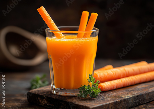 Glass of carrot juice served with fresh carrot sticks on the side, high-quality food photo, vibrant colors, studio shot, minimalist composition. 

 photo