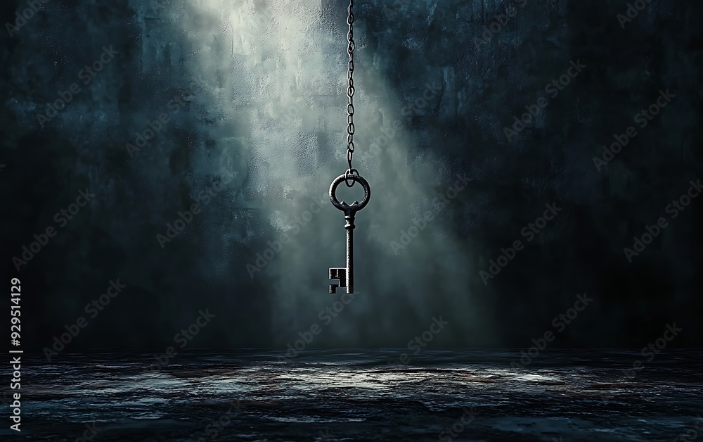 Old Key Hanging in Dark Room Symbolizing Hidden Potential with Highlighting Beam Old Key Hanging in Dark Room Symbolizing Hidden Potential with Highlighting Beam