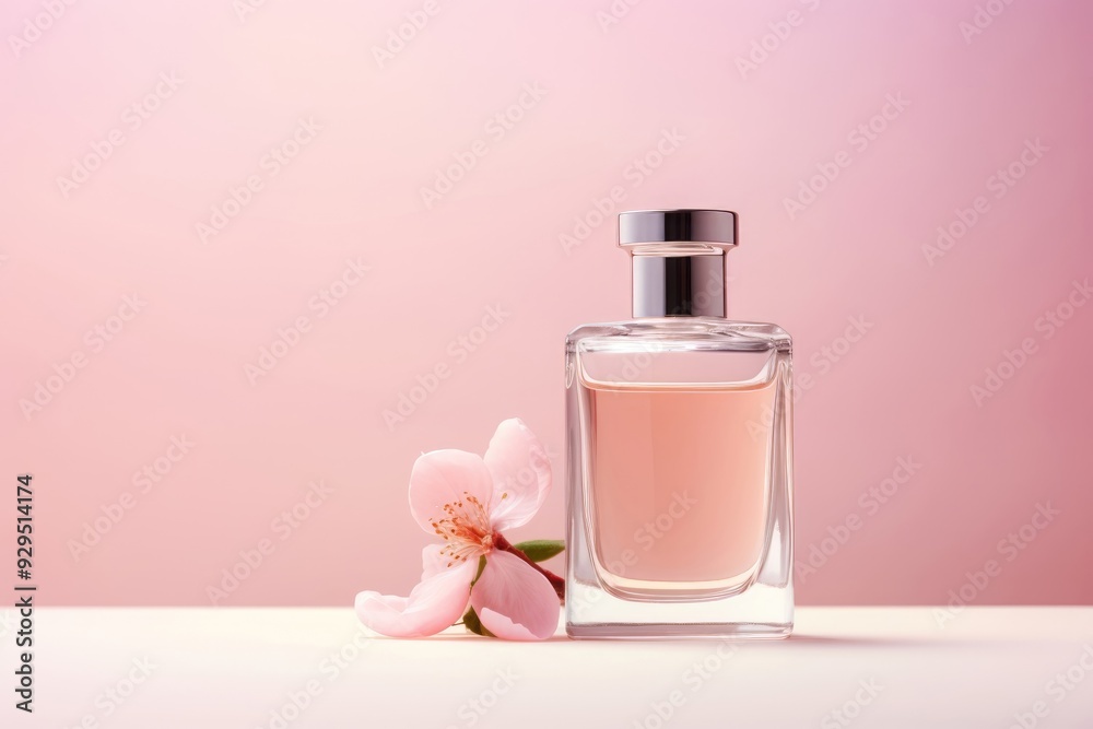 Transparent glass perfume bottle or toilet water with blossom cherry flowers and petals. Empty container for branding and label mockup. Eau de toilette. Perfumery and natural beauty product concept Transparent glass perfume bottle or toilet water with blossom cherry flowers and petals. Empty container for branding and label mockup. Eau de toilette. Perfumery and natural beauty product concept