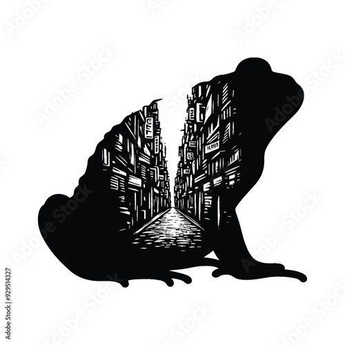 silhouette of toad, filled with ghetto street in rough drawing, animal,
