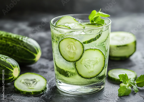 Cucumber cooler drink served in a glass with cucumber slices and mint leaves, high-angle view, studio lighting, professional food photography. 

 photo